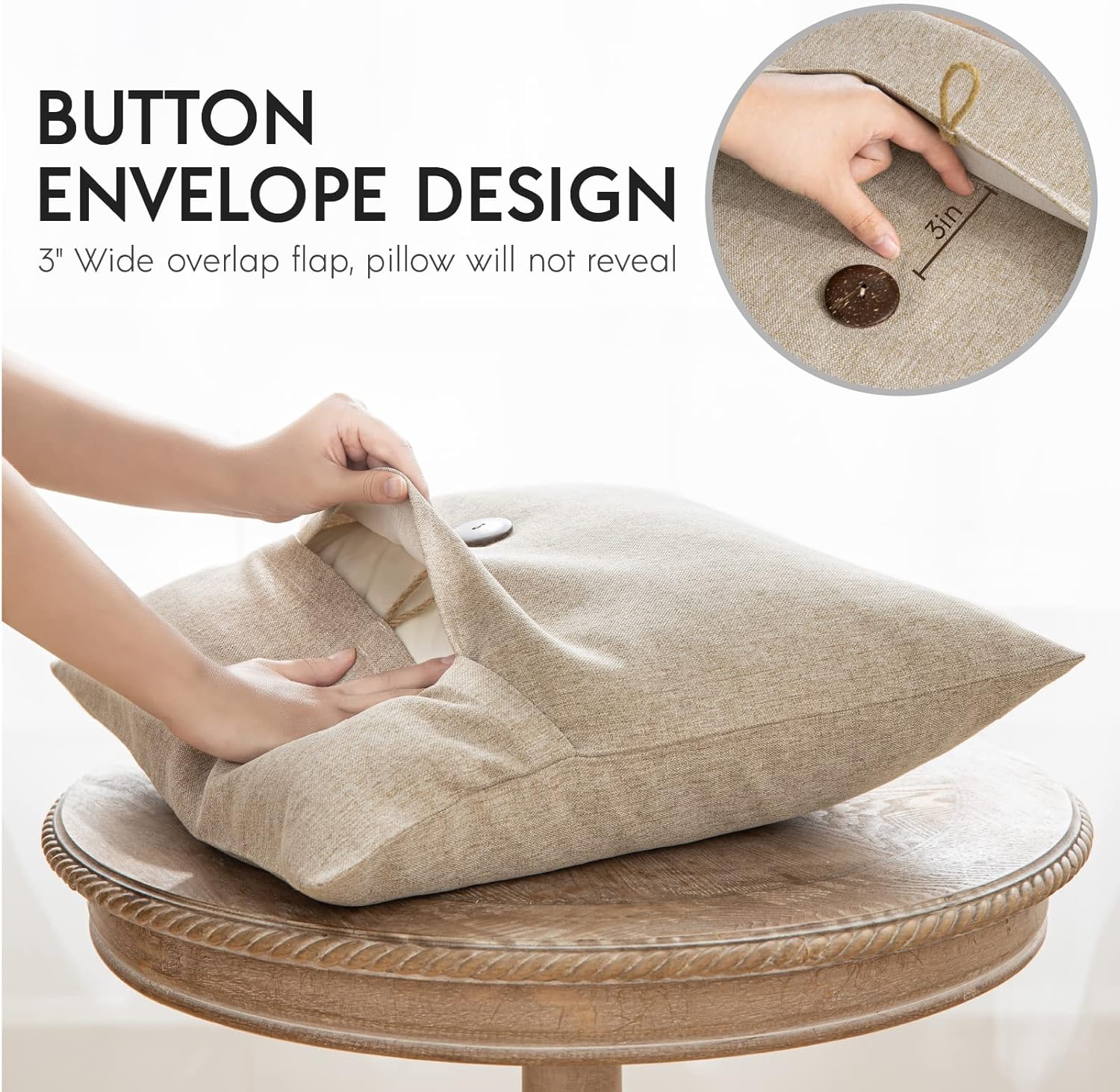 Phantoscope Pack of 2 Farmhouse Throw Pillow Covers Button Vintage Linen Decorative Pillow Cases for Couch Bed and Chair Beige 18 x 18 inches 45 x 45 cmOat Beige