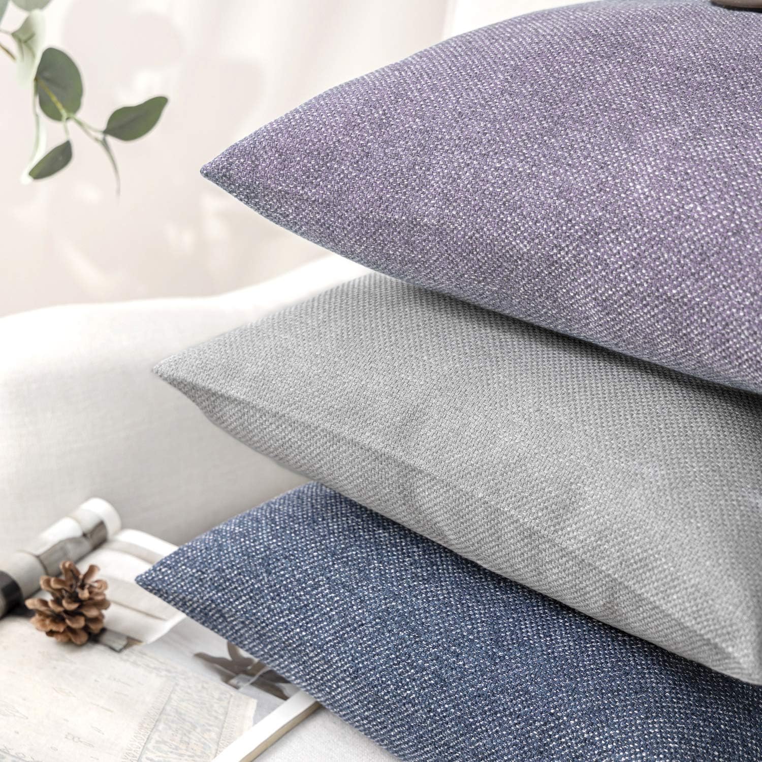 Phantoscope Pack of 2 Farmhouse Throw Pillow Covers Button Vintage Linen Decorative Pillow Cases for Couch Bed and Chair Beige 18 x 18 inches 45 x 45 cmPurple