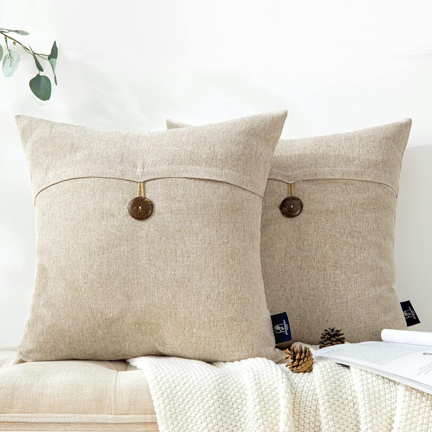 Phantoscope Pack of 2 Farmhouse Throw Pillow Covers Button Vintage Linen Decorative Pillow Cases for Couch Bed and Chair Beige 18 x 18 inches 45 x 45 cmOat Beige