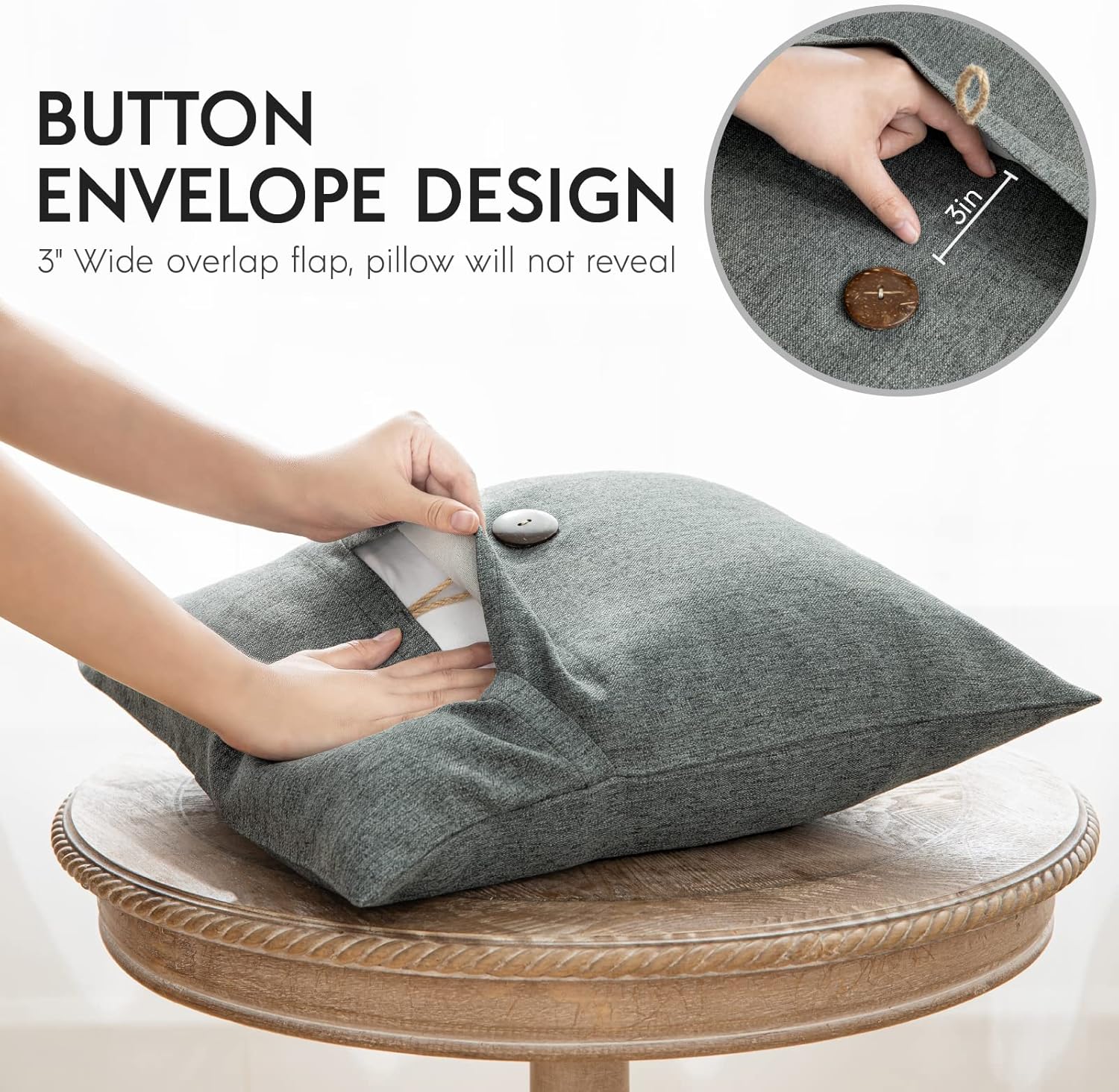 Phantoscope Pack of 2 Farmhouse Throw Pillow Covers Button Vintage Linen Decorative Pillow Cases for Couch Bed and Chair Beige 18 x 18 inches 45 x 45 cmGray