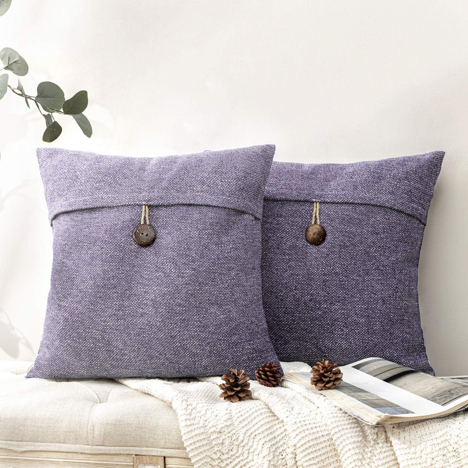 Phantoscope Pack of 2 Farmhouse Throw Pillow Covers Button Vintage Linen Decorative Pillow Cases for Couch Bed and Chair Beige 18 x 18 inches 45 x 45 cmPurple