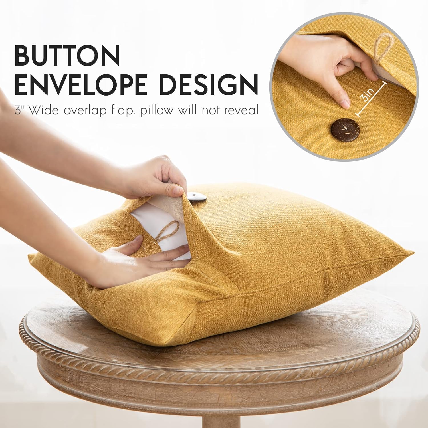 Phantoscope Pack of 2 Farmhouse Throw Pillow Covers Button Vintage Linen Decorative Pillow Cases for Couch Bed and Chair Beige 18 x 18 inches 45 x 45 cmMustard Yellow