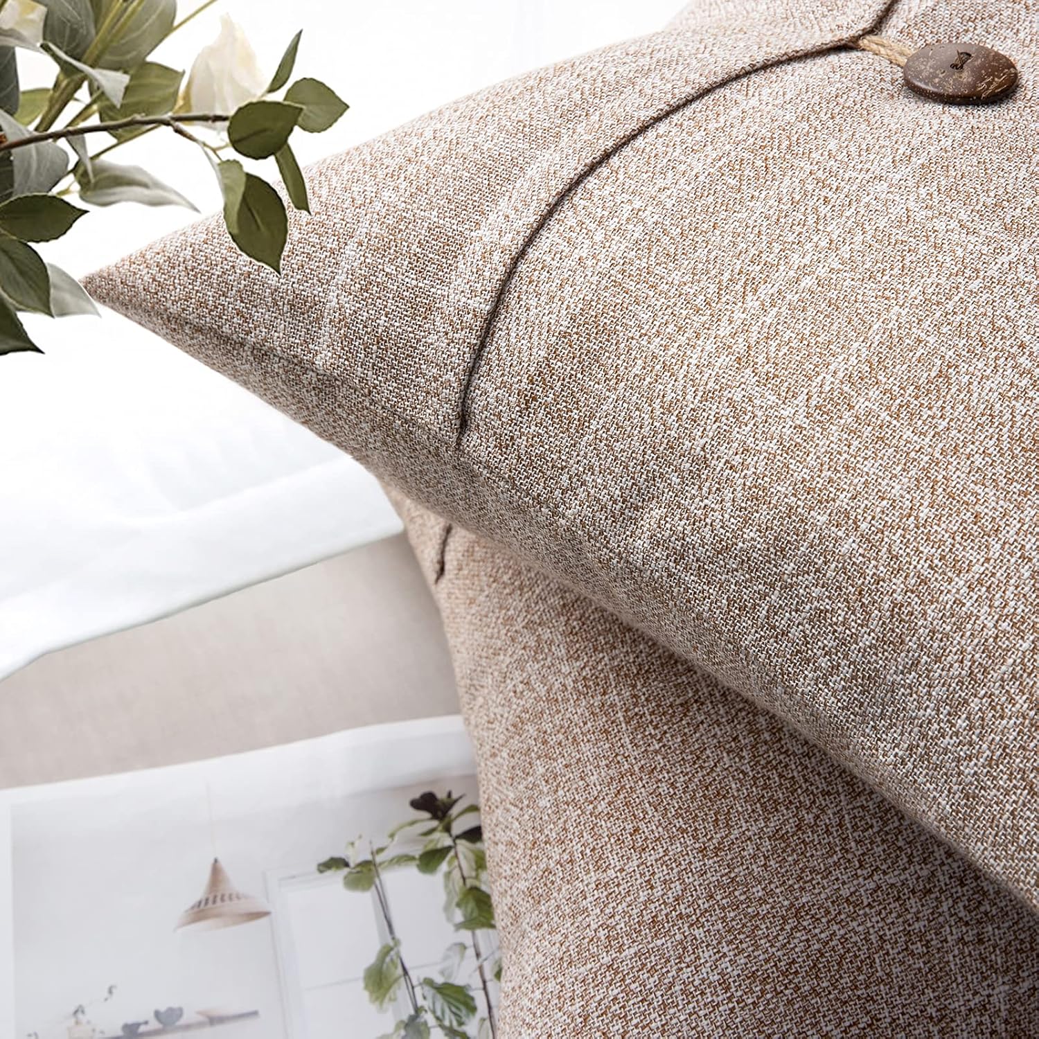 Phantoscope Pack of 2 Farmhouse Throw Pillow Covers Button Vintage Linen Decorative Pillow Cases for Couch Bed and Chair Beige 18 x 18 inches 45 x 45 cmBeige