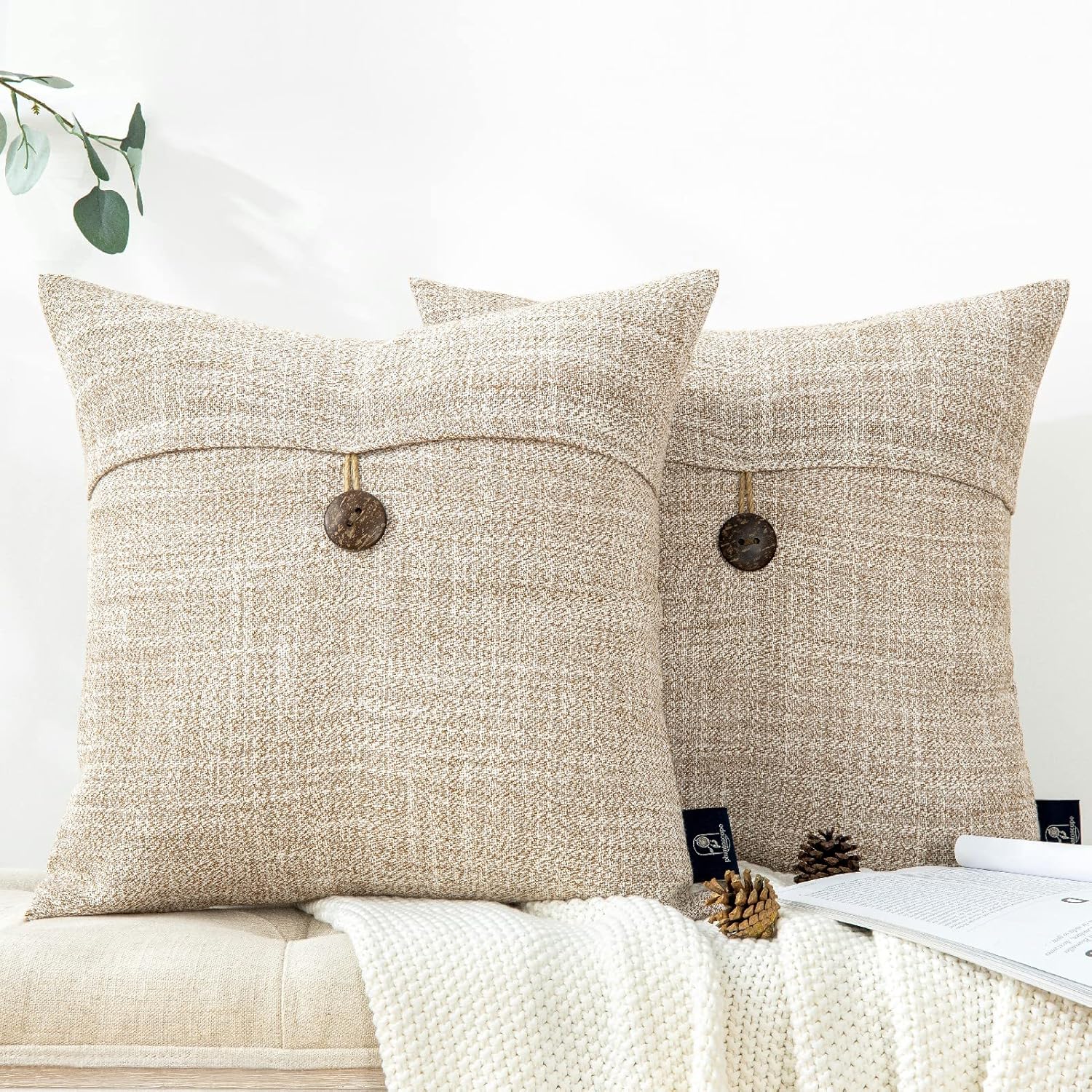 Phantoscope Pack of 2 Farmhouse Throw Pillow Covers Button Vintage Linen Decorative Pillow Cases for Couch Bed and Chair Beige 18 x 18 inches 45 x 45 cmBeige