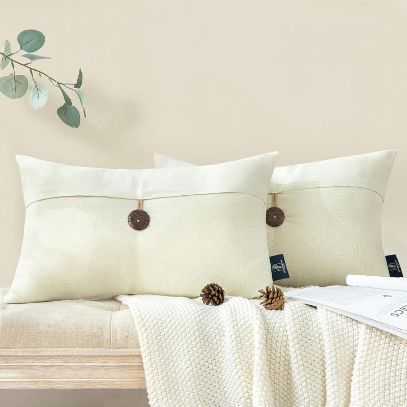 Phantoscope Pack of 2 Farmhouse Throw Pillow Covers Button Vintage Linen Decorative Pillow Cases for Couch Bed and Chair Beige 18 x 18 inches 45 x 45 cmCream White