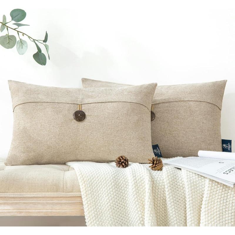 Phantoscope Pack of 2 Farmhouse Throw Pillow Covers Button Vintage Linen Decorative Pillow Cases for Couch Bed and Chair Beige 18 x 18 inches 45 x 45 cmOat Beige