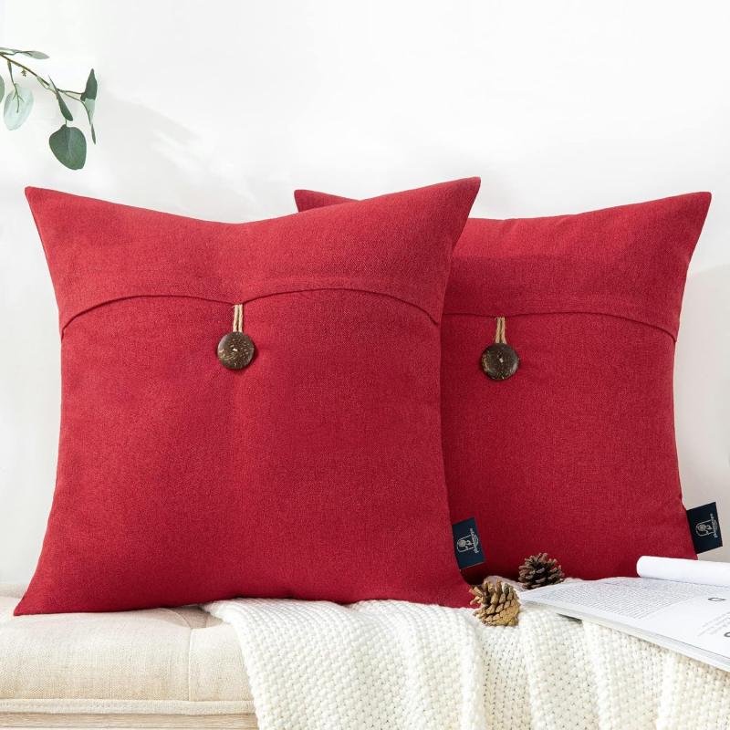 Phantoscope Pack of 2 Farmhouse Throw Pillow Covers Button Vintage Linen Decorative Pillow Cases for Couch Bed and Chair Beige 18 x 18 inches 45 x 45 cmRed