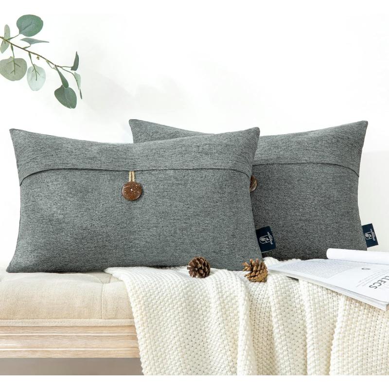 Phantoscope Pack of 2 Farmhouse Throw Pillow Covers Button Vintage Linen Decorative Pillow Cases for Couch Bed and Chair Beige 18 x 18 inches 45 x 45 cmGray