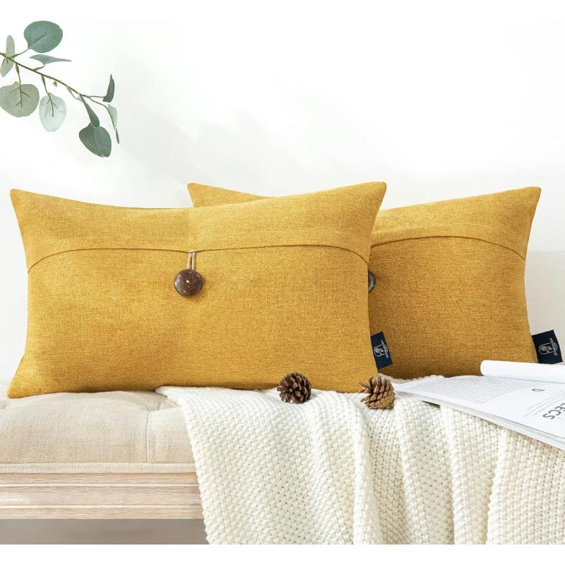 Phantoscope Pack of 2 Farmhouse Throw Pillow Covers Button Vintage Linen Decorative Pillow Cases for Couch Bed and Chair Beige 18 x 18 inches 45 x 45 cmMustard Yellow