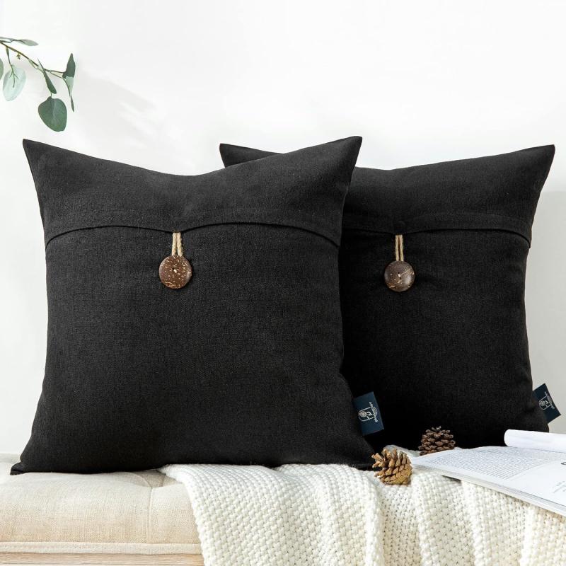 Phantoscope Pack of 2 Farmhouse Throw Pillow Covers Button Vintage Linen Decorative Pillow Cases for Couch Bed and Chair Beige 18 x 18 inches 45 x 45 cmBlack