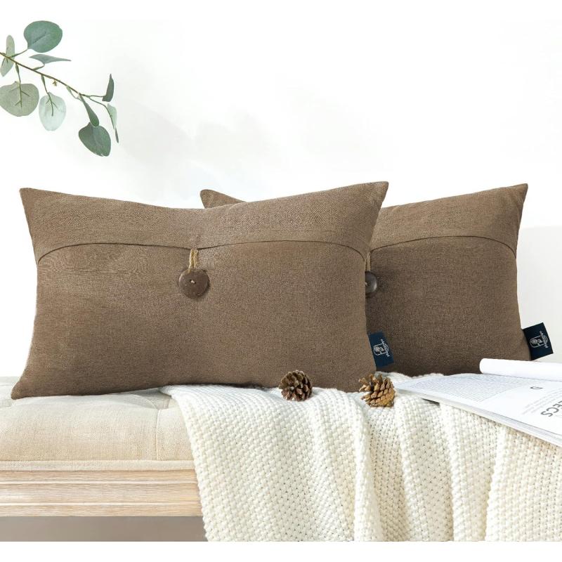 Phantoscope Pack of 2 Farmhouse Throw Pillow Covers Button Vintage Linen Decorative Pillow Cases for Couch Bed and Chair Beige 18 x 18 inches 45 x 45 cmCoffee