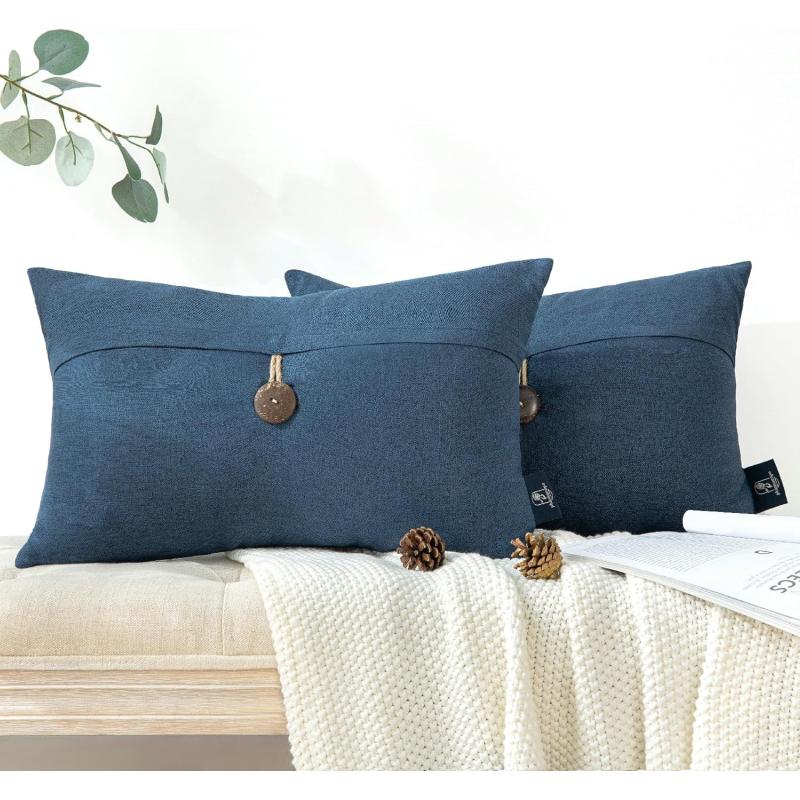 Phantoscope Pack of 2 Farmhouse Throw Pillow Covers Button Vintage Linen Decorative Pillow Cases for Couch Bed and Chair Beige 18 x 18 inches 45 x 45 cmNavy Blue