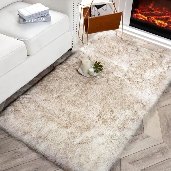 Phantoscope Faux Fur Rug Fluffy Soft Faux Fox Fur Area Rugs for Bedroom Livingroom Kids Room DecorShaggy Fur Rugs AntiSkid White Brown 2 x 6 FeetWhite Brown