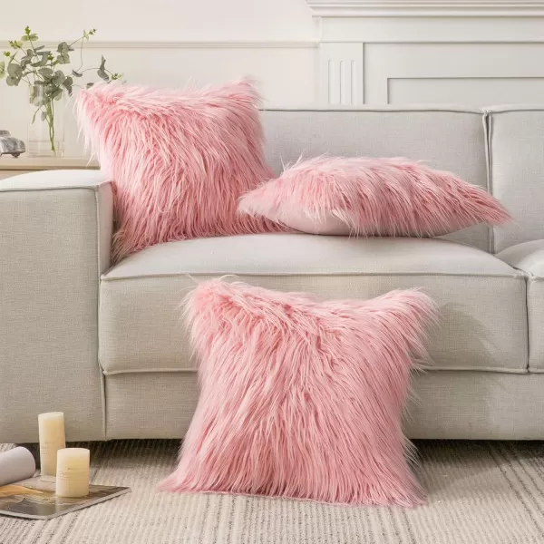 Phantoscope Faux Fur Solid Decorative Pillow Cover Fluffy Throw Pillow Mongolian Luxury Fuzzy Pillow Case Cushion Cover for Bedroom and CouchTrue White 18 x 18 InchesPink