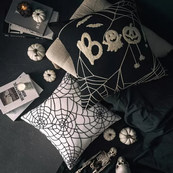 Phantoscope Happy Halloween Decorative Throw Pillow Covers Teddy Fur Pillow Decorative Covers Handcrafted Embroidery Ghost ampamp Mummy Halloween Pillowcase Cushion Covers Black and White 18 x 18 inBlack and White Spider Web