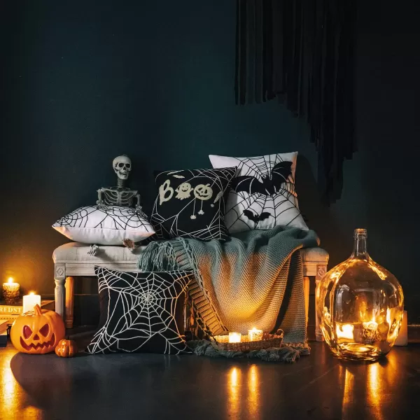Phantoscope Happy Halloween Decorative Throw Pillow Covers Teddy Fur Pillow Decorative Covers Handcrafted Embroidery Ghost ampamp Mummy Halloween Pillowcase Cushion Covers Black and White 18 x 18 inBlack and White Spider Web