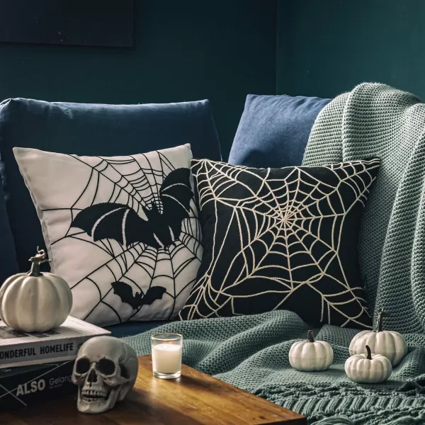 Phantoscope Happy Halloween Decorative Throw Pillow Covers Teddy Fur Pillow Decorative Covers Handcrafted Embroidery Ghost ampamp Mummy Halloween Pillowcase Cushion Covers Black and White 18 x 18 inBlack and White Spider Web