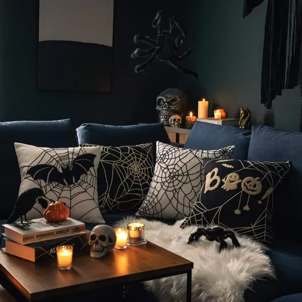 Phantoscope Happy Halloween Decorative Throw Pillow Covers Teddy Fur Pillow Decorative Covers Handcrafted Embroidery Ghost ampamp Mummy Halloween Pillowcase Cushion Covers Black and White 18 x 18 inBlack and White Spider Web