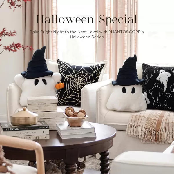 Phantoscope Happy Halloween Shaped Throw Pillow Ghost Pillow with Witch Hat Witch Shaped Pillow with Bell Soft Velvet 3D Halloween Throw Pillow for Couch Purple 28 x 14 inchOff White Ghost With Pumpkin