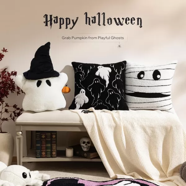 Phantoscope Happy Halloween Shaped Throw Pillow Ghost Pillow with Witch Hat Witch Shaped Pillow with Bell Soft Velvet 3D Halloween Throw Pillow for Couch Purple 28 x 14 inchOff White Ghost With Pumpkin