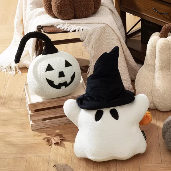 Phantoscope Happy Halloween Shaped Throw Pillow Ghost Pillow with Witch Hat Witch Shaped Pillow with Bell Soft Velvet 3D Halloween Throw Pillow for Couch Purple 28 x 14 inchOff White Ghost With Pumpkin