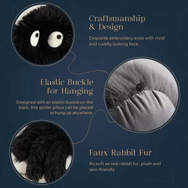 Phantoscope Happy Halloween Spider Shaped Throw Pillow Faux Fur Fluffy Tarantula Shaped Halloween Cushion Pillow Black 9 x 16 inchBlack