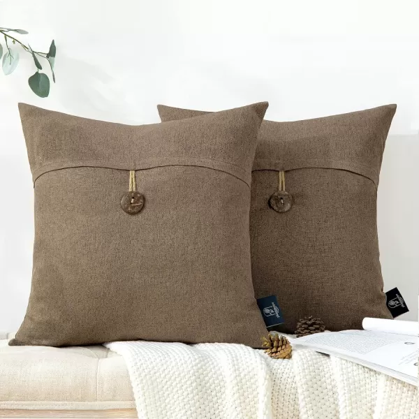 Phantoscope Pack of 2 Farmhouse Throw Pillow Covers Button Vintage Linen Decorative Pillow Cases for Couch Bed and Chair Beige 18 x 18 inches 45 x 45 cmCoffee