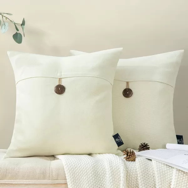 Phantoscope Pack of 2 Farmhouse Throw Pillow Covers Button Vintage Linen Decorative Pillow Cases for Couch Bed and Chair Beige 18 x 18 inches 45 x 45 cmCream White
