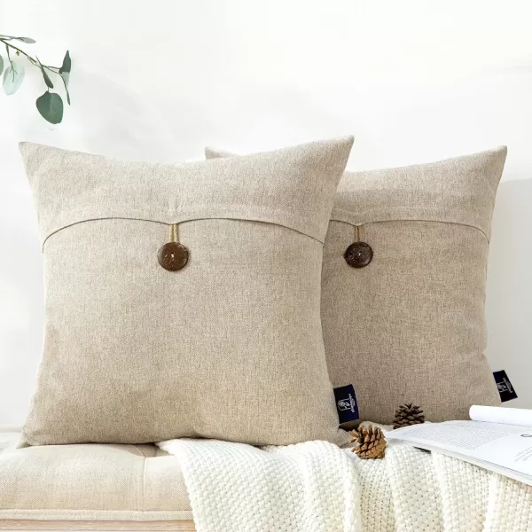 Phantoscope Pack of 2 Farmhouse Throw Pillow Covers Button Vintage Linen Decorative Pillow Cases for Couch Bed and Chair Beige 18 x 18 inches 45 x 45 cmOat Beige