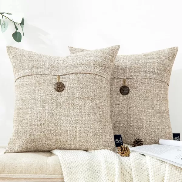 Phantoscope Pack of 2 Farmhouse Throw Pillow Covers Button Vintage Linen Decorative Pillow Cases for Couch Bed and Chair Beige 18 x 18 inches 45 x 45 cmBeige