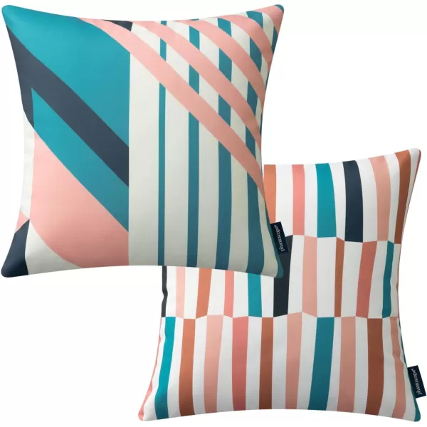 Phantoscope Pack of 2 Outdoor Pillows Waterproof Geometric Stripes Outdoor Pillow Covers Decorative Square Patio Pillows Cushion Case for Couch Tent Sunbrella Navy and Lake Blue 18 x 18 InchesBlue and Pink