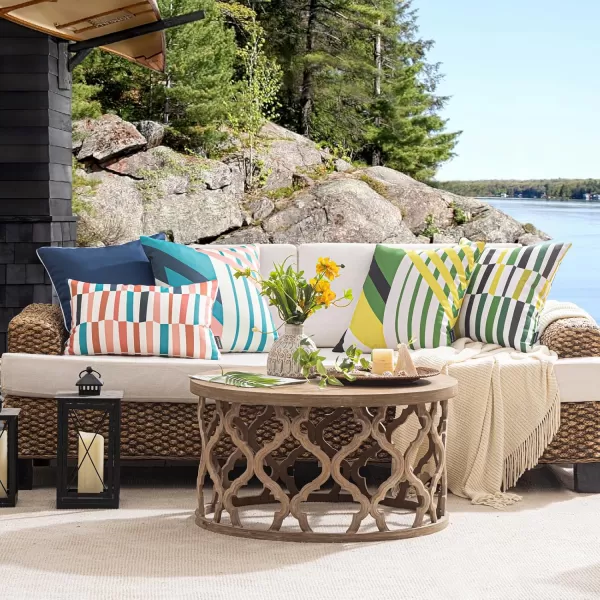 Phantoscope Pack of 2 Outdoor Pillows Waterproof Geometric Stripes Outdoor Pillow Covers Decorative Square Patio Pillows Cushion Case for Couch Tent Sunbrella Navy and Lake Blue 18 x 18 InchesBlue and Pink
