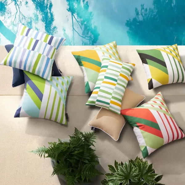 Phantoscope Pack of 2 Outdoor Pillows Waterproof Geometric Stripes Outdoor Pillow Covers Decorative Square Patio Pillows Cushion Case for Couch Tent Sunbrella Navy and Lake Blue 18 x 18 InchesYellow and Green