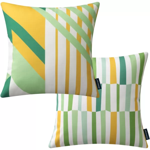 Phantoscope Pack of 2 Outdoor Pillows Waterproof Geometric Stripes Outdoor Pillow Covers Decorative Square Patio Pillows Cushion Case for Couch Tent Sunbrella Navy and Lake Blue 18 x 18 InchesYellow and Green