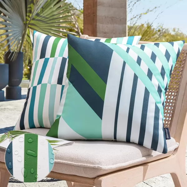 Phantoscope Pack of 2 Outdoor Pillows Waterproof Geometric Stripes Outdoor Pillow Covers Decorative Square Patio Pillows Cushion Case for Couch Tent Sunbrella Navy and Lake Blue 18 x 18 InchesNavy Blue
