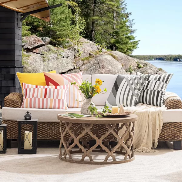Phantoscope Pack of 2 Outdoor Pillows Waterproof Geometric Stripes Outdoor Pillow Covers Decorative Square Patio Pillows Cushion Case for Couch Tent Sunbrella Navy and Lake Blue 18 x 18 InchesBlack and Grey