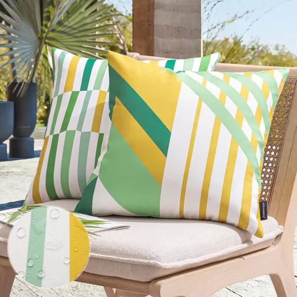 Phantoscope Pack of 2 Outdoor Pillows Waterproof Geometric Stripes Outdoor Pillow Covers Decorative Square Patio Pillows Cushion Case for Couch Tent Sunbrella Navy and Lake Blue 18 x 18 InchesYellow and Green