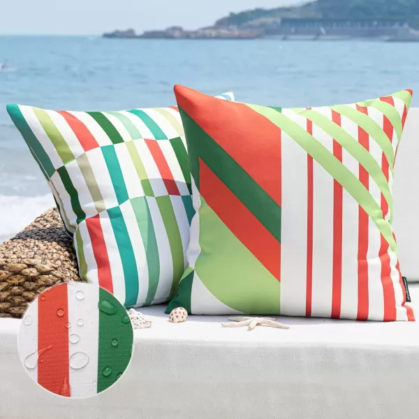 Phantoscope Pack of 2 Outdoor Pillows Waterproof Geometric Stripes Outdoor Pillow Covers Decorative Square Patio Pillows Cushion Case for Couch Tent Sunbrella Navy and Lake Blue 18 x 18 InchesOrange and Green