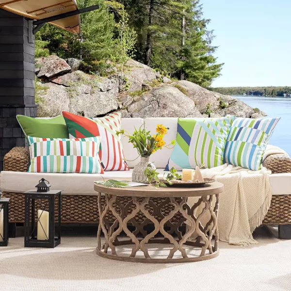 Phantoscope Pack of 2 Outdoor Pillows Waterproof Geometric Stripes Outdoor Pillow Covers Decorative Square Patio Pillows Cushion Case for Couch Tent Sunbrella Navy and Lake Blue 18 x 18 InchesOrange and Green