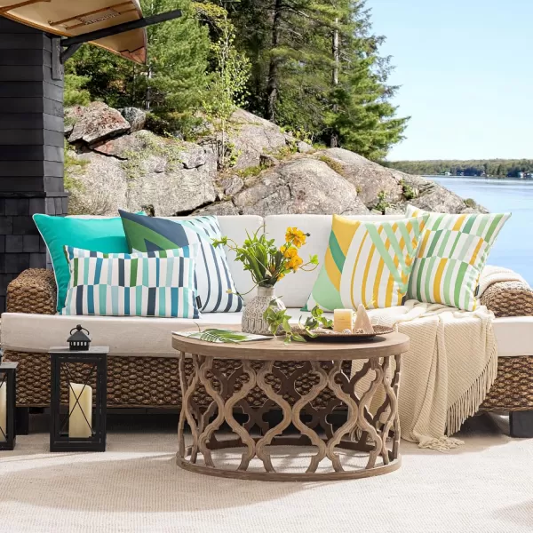 Phantoscope Pack of 2 Outdoor Pillows Waterproof Geometric Stripes Outdoor Pillow Covers Decorative Square Patio Pillows Cushion Case for Couch Tent Sunbrella Navy and Lake Blue 18 x 18 InchesNavy Blue