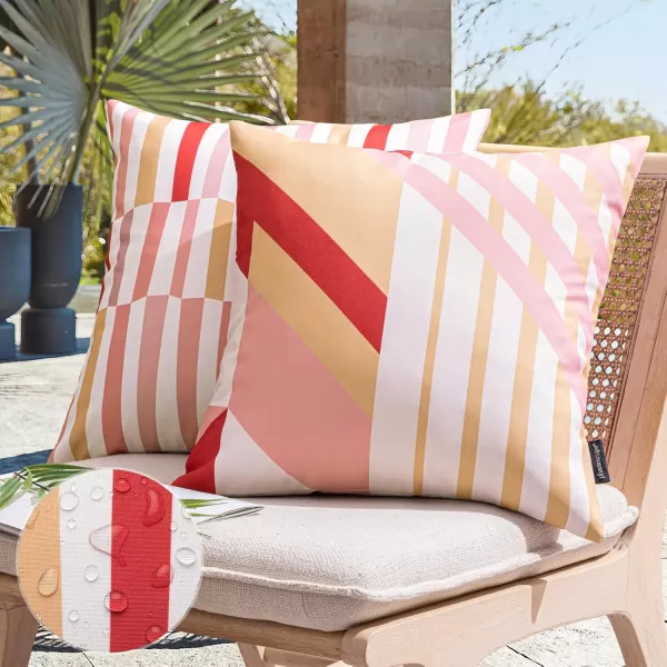Phantoscope Pack of 2 Outdoor Pillows Waterproof Geometric Stripes Outdoor Pillow Covers Decorative Square Patio Pillows Cushion Case for Couch Tent Sunbrella Navy and Lake Blue 18 x 18 InchesPink