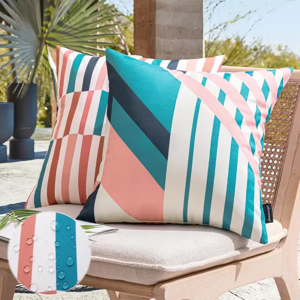 Phantoscope Pack of 2 Outdoor Pillows Waterproof Geometric Stripes Outdoor Pillow Covers Decorative Square Patio Pillows Cushion Case for Couch Tent Sunbrella Navy and Lake Blue 18 x 18 InchesBlue and Pink