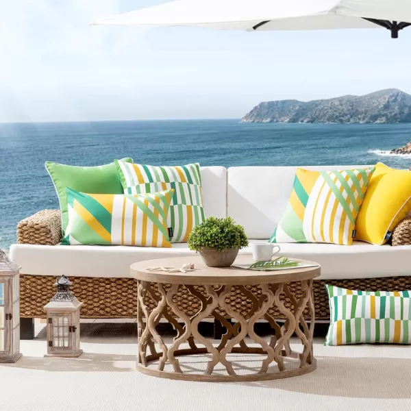 Phantoscope Pack of 2 Outdoor Pillows Waterproof Geometric Stripes Outdoor Pillow Covers Decorative Square Patio Pillows Cushion Case for Couch Tent Sunbrella Navy and Lake Blue 18 x 18 InchesYellow and Green