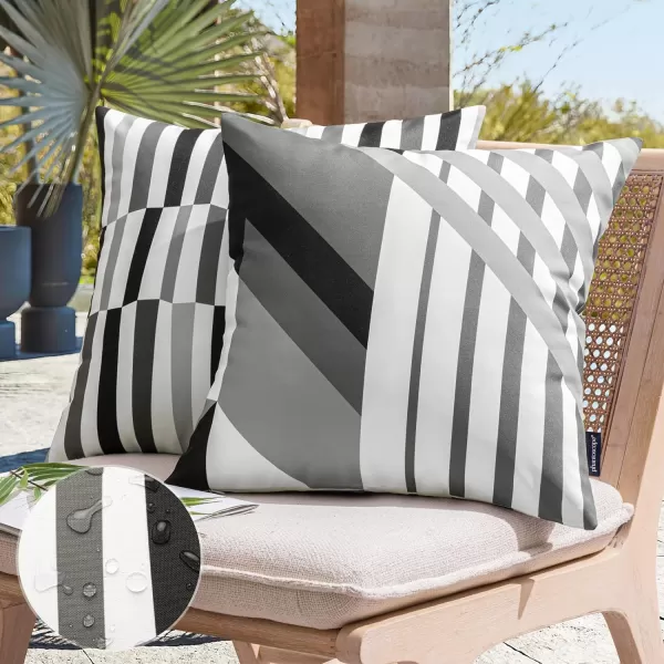 Phantoscope Pack of 2 Outdoor Pillows Waterproof Geometric Stripes Outdoor Pillow Covers Decorative Square Patio Pillows Cushion Case for Couch Tent Sunbrella Navy and Lake Blue 18 x 18 InchesBlack and Grey