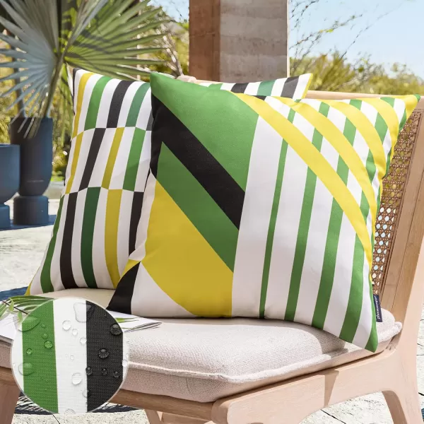 Phantoscope Pack of 2 Outdoor Pillows Waterproof Geometric Stripes Outdoor Pillow Covers Decorative Square Patio Pillows Cushion Case for Couch Tent Sunbrella Navy and Lake Blue 18 x 18 InchesDark Green