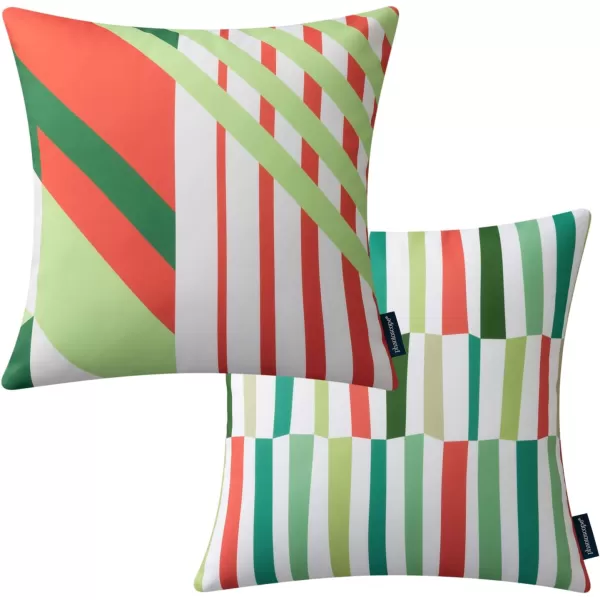 Phantoscope Pack of 2 Outdoor Pillows Waterproof Geometric Stripes Outdoor Pillow Covers Decorative Square Patio Pillows Cushion Case for Couch Tent Sunbrella Navy and Lake Blue 18 x 18 InchesOrange and Green