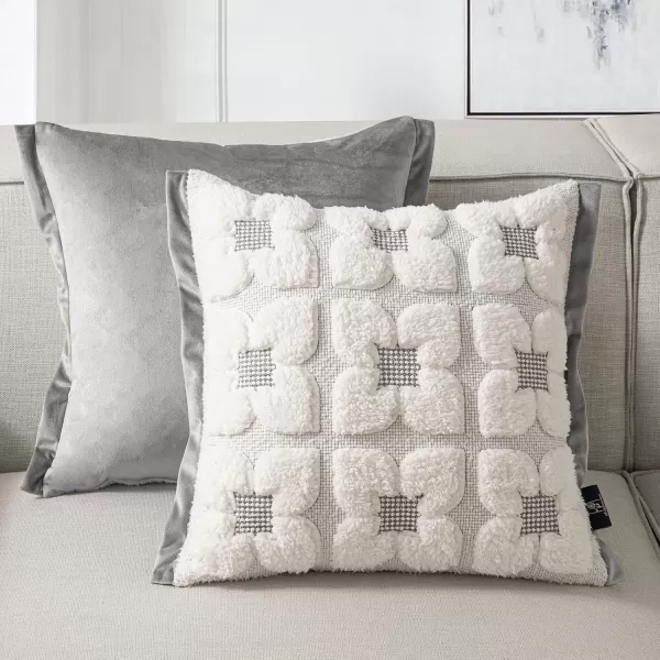 Phantoscope Pack of 2 Sherpa Solid Throw Decorative Pillow Cover Embroidery Decorative Faux Fur Fluffy Cushion Cases Soft Square Pillow Cases for BedroomCouchBeige18 x 18 InchesEmbroidered  Light Grey
