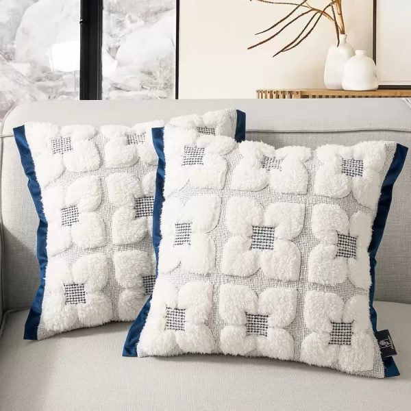 Phantoscope Pack of 2 Sherpa Solid Throw Decorative Pillow Cover Embroidery Decorative Faux Fur Fluffy Cushion Cases Soft Square Pillow Cases for BedroomCouchBeige18 x 18 InchesEmbroidered  Navy Blue