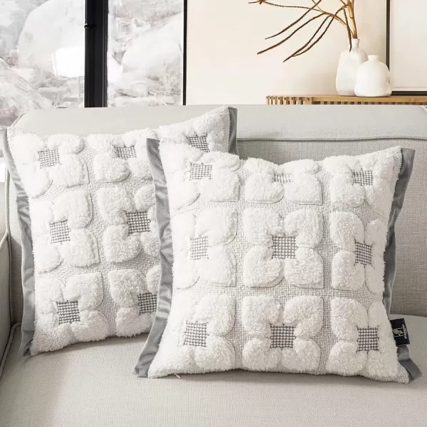 Phantoscope Pack of 2 Sherpa Solid Throw Decorative Pillow Cover Embroidery Decorative Faux Fur Fluffy Cushion Cases Soft Square Pillow Cases for BedroomCouchBeige18 x 18 InchesEmbroidered  Light Grey