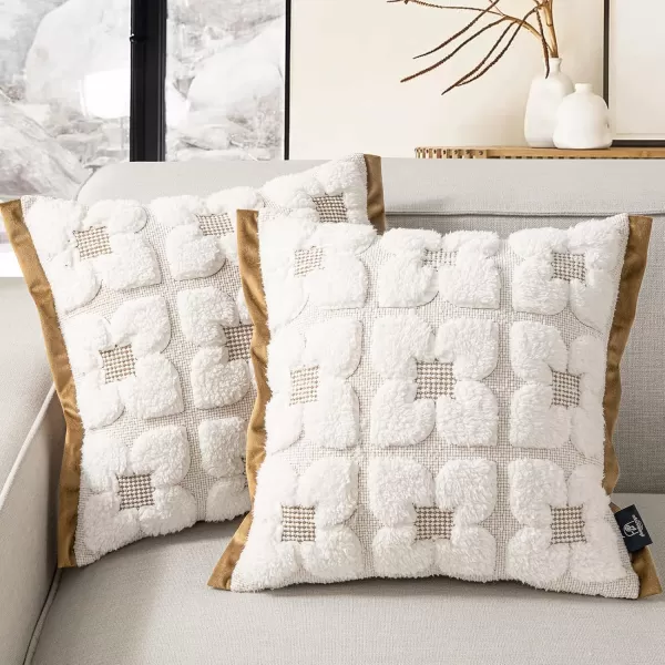 Phantoscope Pack of 2 Sherpa Solid Throw Decorative Pillow Cover Embroidery Decorative Faux Fur Fluffy Cushion Cases Soft Square Pillow Cases for BedroomCouchBeige18 x 18 InchesEmbroidered  Light Coffee